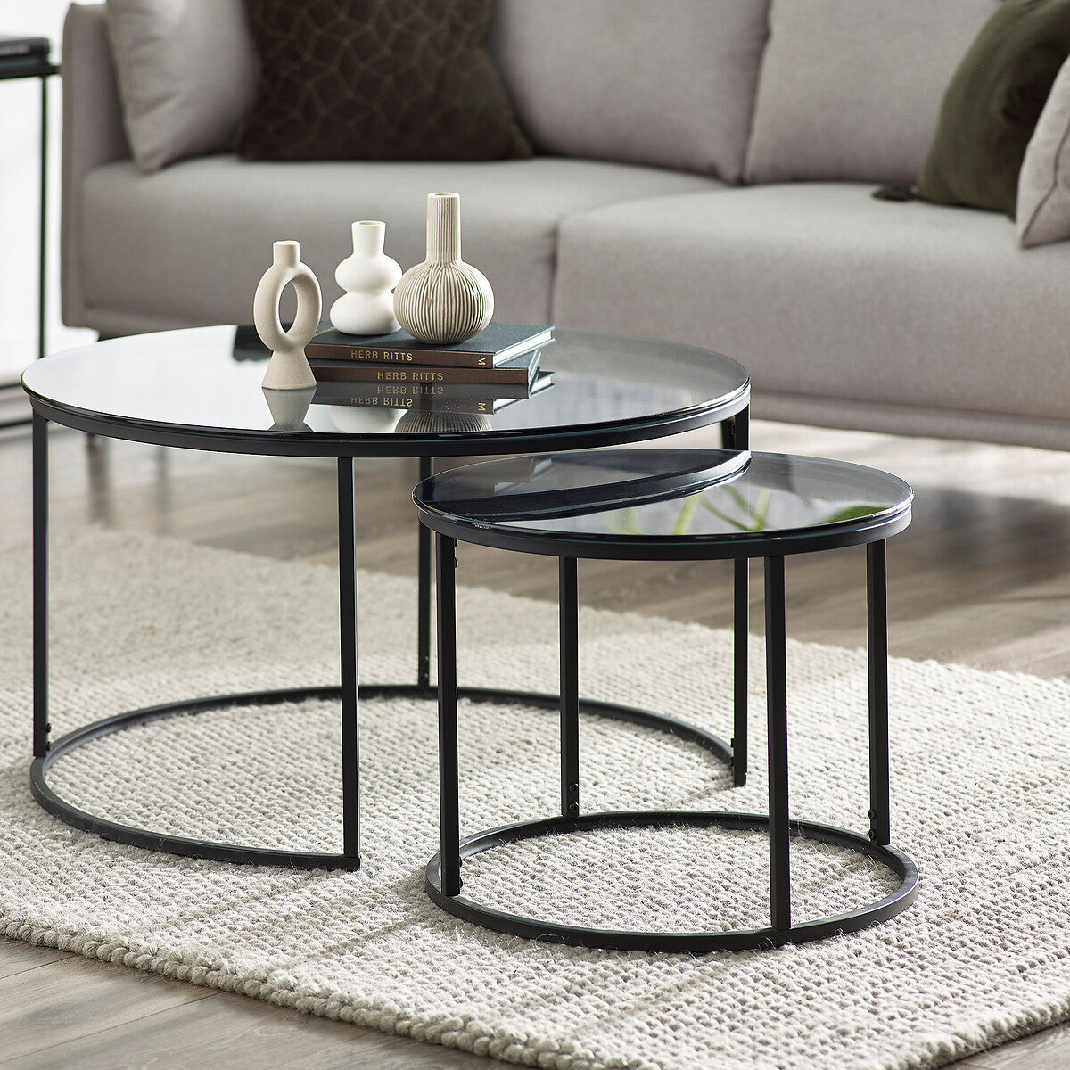Drift Smoked Glass Round Coffee Table Nest (Set of 2)-DCT4