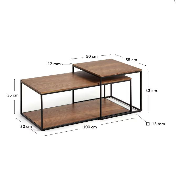 Fold set of 2 nesting coffee tables with walnut veneer and painted metal structure FCT3-BB