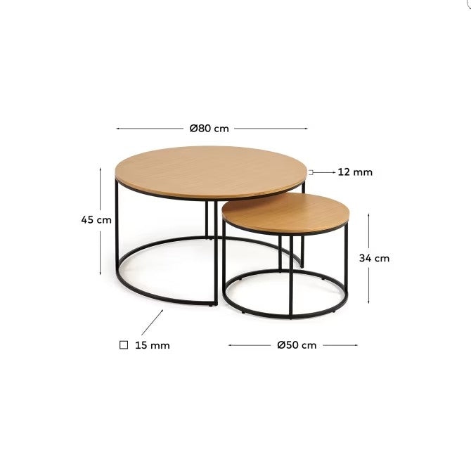 Fold set of 2 round nesting side tables with oak wood veneer and painted metal structure FCT5-BN