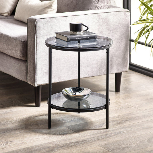 Drift Smoked Glass Round Side Table with Shelf