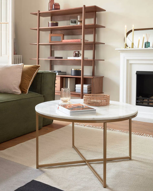 Metro coffee table in white marble and golden steel legs Ø 80 cm-MC3